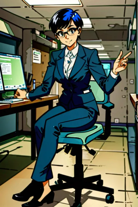 (masterpiece,best quality),ligne claire,flat color,high contrast,glasses,1girl,sitting,medium breasts,in office,full body,blue hair,smiling,wearing grey pantsuit,(mature woman:1.2),animeshort, <lora:AnimeShort:0.9>