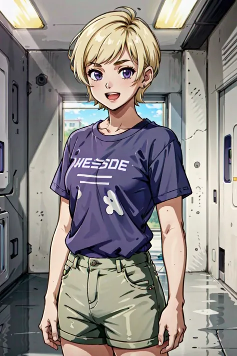 (masterpiece,best quality),1girl,standing,facing viewer,upper body,portrait,very short hair,blonde hair,purple eyes,shorts,t-shirt,happy,:d,in concrete room,small breasts,AnimeShort,<lora:AnimeShort-10:0.7>