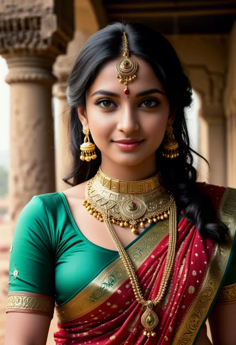 (medium full shot) of (angelic indian princess) young woman, black hair, wavy hair, green eyes, petite,             wearing Traditional saree in rich hues of red and gold, intricately embroidered with sequins and beads, draped elegantly, adorned with traditional Indian jewelry including a maang tikka, choker necklace, bangles, and anklets, statement passa headpiece with cascading chains, smiling at the viewer,  set in  temple Elephant Stables, Spacious area with shelter for temple elephants, caretakers bathing and feeding the elephants, the smell of hay and dung, the sound of trumpeting and splashing water , at sunset, ,Masterpiece,best quality, photorealistic, amazing quality, very aesthetic, extremely detailed face,