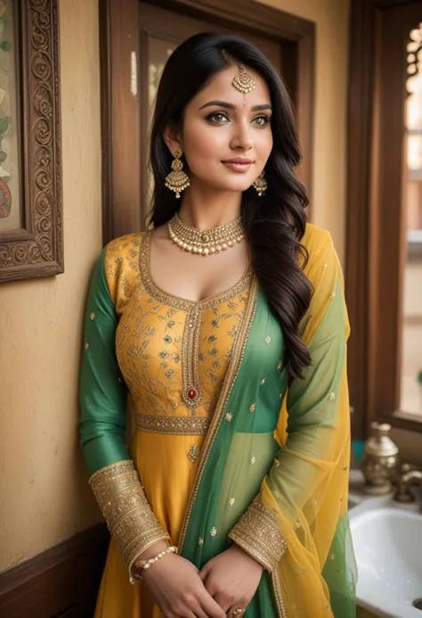 ((fashion photography)), perfect face, perfect eyes, (medium full shot) of  (attractive indian princess) young woman, tiny, black hair, straight hair, green eyes, wearing Silk anarkali suit in mustard yellow, detailed with thread embroidery and stone work, paired with a contrasting dupatta, accessorized with a pearl matha patti, jhumka earrings, and kadas, traditional borla maang tikka with intricate designs, set in  public Toilet, Vintage charm, retro tile flooring, brass fixtures, wooden partitions between stalls, framed artwork on the walls, decorative vase with fresh flowers on the sink counter  , at sunset, laughing, jumping in the air, masterpiece, best quality, photorealistic, very aesthetic