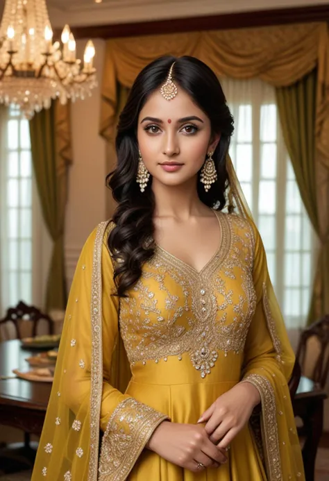 ((fashion photography)), perfect face, perfect eyes, (medium full shot) of (angelic indian princess) young woman, petite, black hair, wavy hair, green eyes, wearing Silk anarkali suit in mustard yellow, detailed with thread embroidery and stone work, paired with a contrasting dupatta, accessorized with a pearl matha patti, jhumka earrings, and kadas, delicate jhumar headpiece adorned with rhinestones, set in Dining Room, Elegant space with a mahogany dining table set for six, upholstered dining chairs, a crystal chandelier hanging from the ceiling, a sideboard displaying fine china, a large window with flowing curtains , at sunset, laughing, jumping in the air, masterpiece, best quality, photorealistic, very aesthetic