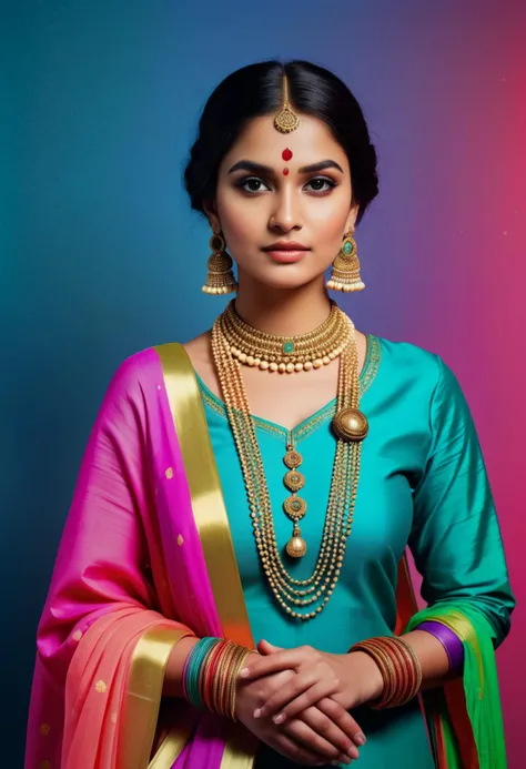 ( popart painting with bold colors and gradients in neon light by Andre Petrov) of a indian princess, black hair, hairbun, brown eyes, petite, wearing Embroidered banarasi dupatta paired with a plain kurta and palazzo pants, accessorized with a jadau necklace, chandbali earrings, and a potli bag, statement passa headpiece with cascading chains, award winning, very aesthetic