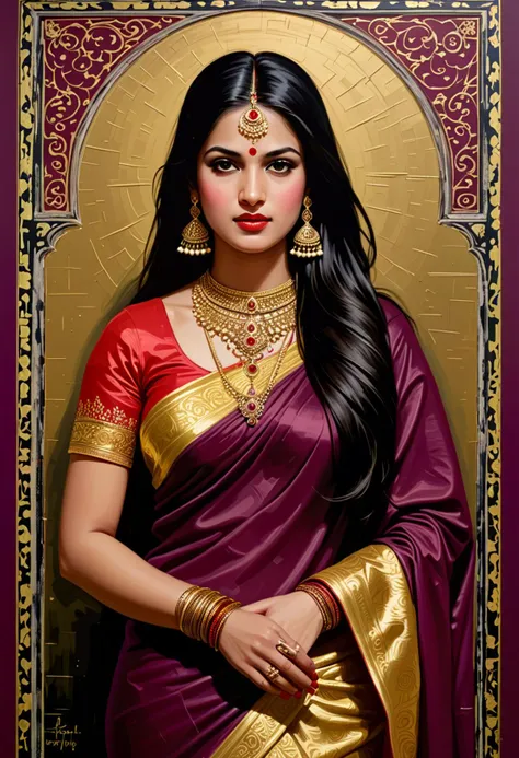 (neon art painting by Jackson Pollock) of a   indian princess, black hair, straight hair, brown eyes, slender,             wearing Banarasi silk saree in rich maroon, woven with intricate gold brocade, draped in traditional style, complemented with gold jewelry including a matha patti, necklace, earrings, and bangles, traditional borla maang tikka with intricate designs, award winning, very aesthetic