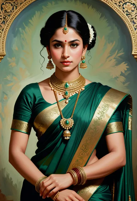 (art in the style of claude monet) of a indian princess, black hair, hairbun, green eyes, petite, wearing Silk saree with intricate kalamkari print, embellished with zardozi work, draped in Bengali style, accessorized with a clay pote, jhumka earrings, and shell bangles, regal kamarbandh with intricate enamel work, award winning, very aesthetic