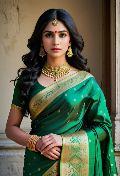 (art in the style of claude monet) of a   indian princess, black hair, wavy hair, green eyes, petite,             wearing Kanjeevaram silk saree in deep green, woven with gold zari motifs, draped elegantly, paired with temple jewelry including a statement choker, jhumka earrings, and waist belt, ornate maang tikka with dangling pearls, award winning, very aesthetic