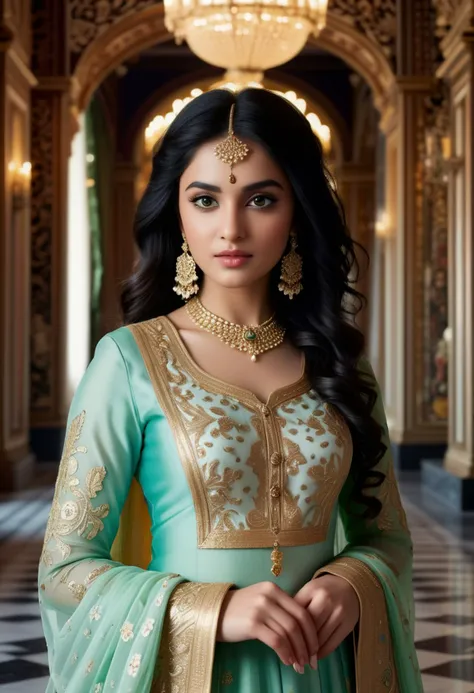 (medium full shot) of (esthetic indian princess) young woman, black hair, wavy hair, green eyes, slender,             wearing Floral print anarkali suit in pastel shades, embellished with gotta patti and sequins, styled with a matching dupatta, accessorized with a passa headpiece, chandbali earrings, and kadas, traditional borla maang tikka with intricate designs, surprised, open mouth, running toward the viewer,  set in  ancient palace Hall of Mirrors, Opulent hall with mirrored walls and ceilings, crystal chandeliers, marble floors adorned with intricate patterns, velvet drapes, gold-trimmed furniture , at night, ,Masterpiece,best quality, photorealistic, amazing quality, very aesthetic, extremely detailed face,