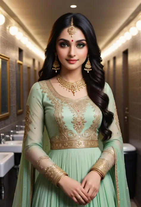 (medium full shot) of (attractive indian princess) young woman, black hair, straight hair, green eyes, petite, wearing Floral print anarkali suit in pastel shades, embellished with gotta patti and sequins, styled with a matching dupatta, accessorized with a passa headpiece, chandbali earrings, and kadas, delicate jhumar headpiece adorned with rhinestones, smiling at the viewer, set in public Toilet, Clean, well-lit space with tiled floors, rows of stalls, sinks with mirrors above, hand dryers mounted on the wall, waste bin , at night, Masterpiece,best quality, photorealistic, amazing quality, very aesthetic, extremely detailed face,