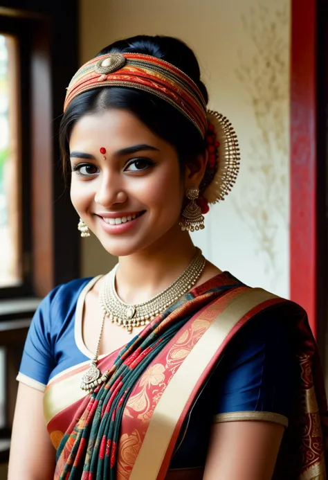 (medium full shot) of (desirable indian princess) young woman, black hair, hairbun, brown eyes, petite, wearing Silk saree with intricate kalamkari print, embellished with zardozi work, draped in Bengali style, accessorized with a clay pote, jhumka earrings, and shell bangles, delicate jhumar headpiece adorned with rhinestones, smiling at the viewer, set in riverbank Riverside Village, Quaint village with thatched-roof cottages, vegetable gardens, chickens pecking in the dirt, the aroma of home-cooked meals drifting from open windows , ,Masterpiece,best quality, photorealistic, amazing quality, very aesthetic, extremely detailed face,