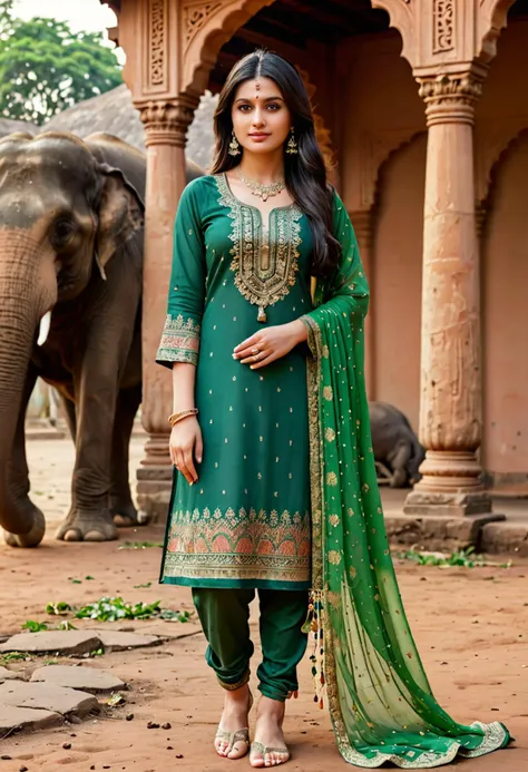 (medium full shot) of  (gorgeous indian princess) young woman, black hair, straight hair, green eyes, petite,             wearing Block print salwar kameez in earthy tones, detailed with thread work and tassels, paired with a chiffon dupatta, accessorized with silver jewelry including anklets, toe rings, and a kamarbandh, regal kamarbandh with intricate enamel work, smiling at the viewer,  set in  temple Elephant Stables, Spacious area with shelter for temple elephants, caretakers bathing and feeding the elephants, the smell of hay and dung, the sound of trumpeting and splashing water , at sunset, Masterpiece,best quality, photorealistic, amazing quality, very aesthetic, extremely detailed face,