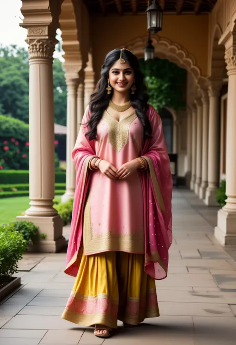 (medium full shot) of (sexy indian princess) young woman, black hair, wavy hair, brown eyes, curvy, wearing Embroidered banarasi dupatta paired with a plain kurta and palazzo pants, accessorized with a jadau necklace, chandbali earrings, and a potli bag, statement passa headpiece with cascading chains, laughing, jumping in the air, set in mughal garden Rose Garden, Fragrant garden with rows of rose bushes in full bloom, a pergola covered in climbing roses, the sound of bees buzzing, the sight of butterflies flitting from flower to flower , at night, ,Masterpiece,best quality, photorealistic, amazing quality, very aesthetic, extremely detailed face,