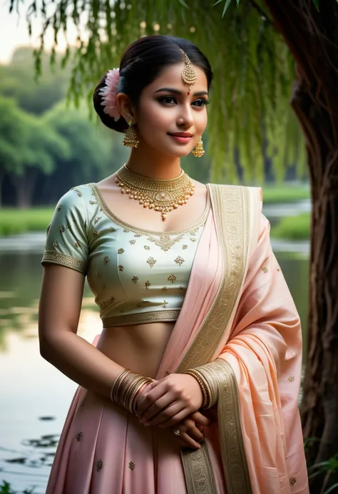 (medium full shot) of (vivacious indian princess) young woman, black hair, hairbun, brown eyes, curvy, wearing Chanderi silk lehenga in soft peach, embellished with intricate thread work and pearl detailing, paired with a sheer dupatta, accessorized with a kamarbandh, chandbali earrings, and haathphool, regal kamarbandh with intricate enamel work, laughing, arms crossed, set in riverbank Riverside, Peaceful stretch of riverbank with weeping willow trees, wildflowers in bloom, the sound of water flowing over rocks, dragonflies darting above the surface , at night, ,Masterpiece,best quality, photorealistic, amazing quality, very aesthetic, extremely detailed face,