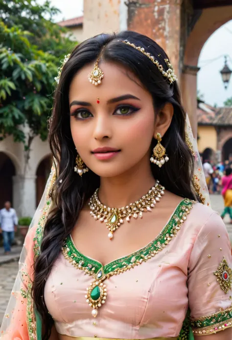 (Stunning moody acrylic painting) of a indian princess, black hair, straight hair, green eyes, petite, wearing Chanderi silk lehenga in soft peach, embellished with intricate thread work and pearl detailing, paired with a sheer dupatta, accessorized with a kamarbandh, chandbali earrings, and haathphool, ornate maang tikka with dangling pearls, laughing, jumping in the air, set in village-square Town Square, Central square with a cobblestone pavement, a fountain in the center, vendors selling fresh produce and handmade goods, children playing games, the sound of church bells ringing , at sunset, award winning, very aesthetic, extremely detailed face,