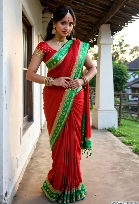 (medium full shot) of (sexy indian princess) young woman, black hair, wavy hair, green eyes, slender,             wearing Traditional saree in rich hues of red and gold, intricately embroidered with sequins and beads, draped elegantly, adorned with traditional Indian jewelry including a maang tikka, choker necklace, bangles, and anklets, statement passa headpiece with cascading chains, surprised, open mouth, pointing her finger at the viewer,  set in  riverbank Riverside Village, Quaint village with thatched-roof cottages, vegetable gardens, chickens pecking in the dirt, the aroma of home-cooked meals drifting from open windows , at sunset, ,Masterpiece,best quality, photorealistic, amazing quality, very aesthetic, extremely detailed face,