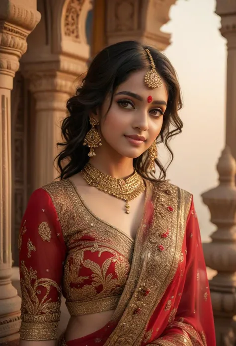(medium full shot) of (exquisite indian princess) young woman, busty build, black hair, wavy hair, brown eyes, wearing a pearl matha patti, red georgette sari with intricate designs , closed-toe sandals with toe rings, smoky eyeshadow, floral hair accessory jeweled cuffs, set in an ornate palace hall, featuring golden decor, magnificent murals, plush seating, and splendid lighting , at sunset, woman smiling, ,Masterpiece,best quality, photo, realistic, very aesthetic