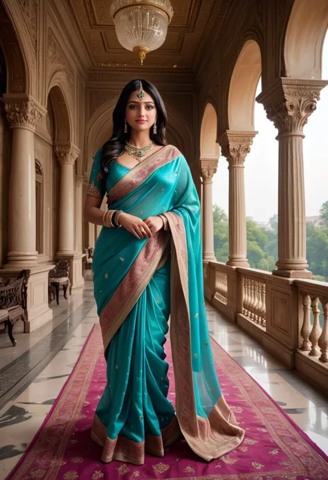 (medium full shot) of (regal indian princess) young woman, curvy build, black hair, straight hair, brown eyes, wearing a regal kamarbandh, turquoise silk sari with sequins and beads , beaded juttis, sheer dupatta, pink lipstick, wearing a jadau necklace jeweled cuffs, set in  ancient palace, Royal Chamber, Lavish chamber with a canopy bed adorned with silk curtains, marble fireplace, gold-threaded tapestries, plush carpets, a balcony overlooking the palace gardens , at night, woman smiling, detailed face, ,Masterpiece,best quality, photo, realistic, very aesthetic,