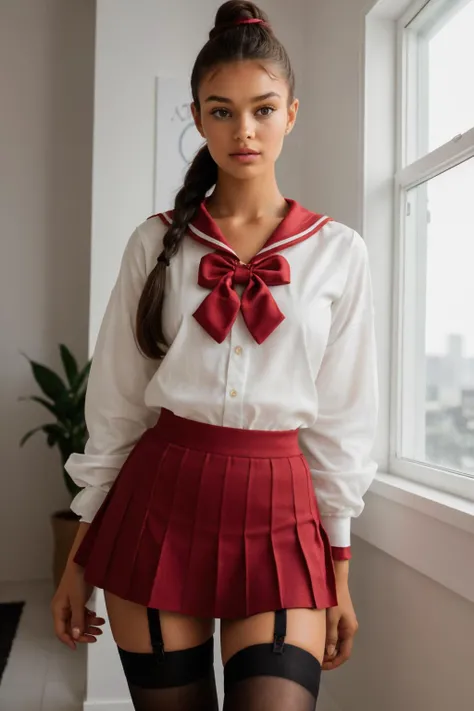 (Stock Photography, Award Winning) DV_S2_Jeanette_Vicious is (skinny), (A chic, minimalist coffee shop with large, floor-to-ceiling windows and modern design elements) (wearing school uniform, pleated skirt, thighhighs) (Braided topknot) by Steve McCurry, 35mm, F/2.8, ((Photo Focus, DOF, Aperture, insanely detailed and intricate, character, hypermaximalist, beautiful, revealing, appealing, attractive, amative, hyper realistic, super detailed))(DOF, blurry background), Content facial expression <lora:School Uniform By Stable Yogi:0.8>