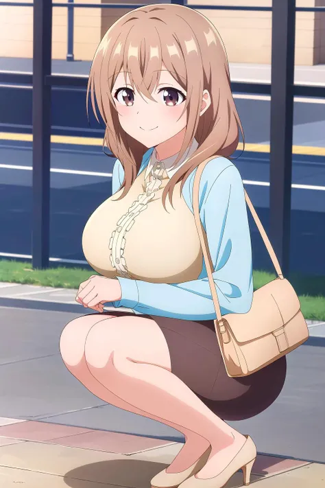 masterpiece, perfect lighting, (beautiful, best quality:1.3), perfect eyes, absurdres, 8k,
1girl, solo, (absurdres), finely detail,
<lora:Shiori Katase V1:0.7>, brown hair, brown eyes, large breasts, shiori_katase, smile, squatting,
bangs, skirt, shirt, long sleeves, outdoors, bag, high heels, handbag,