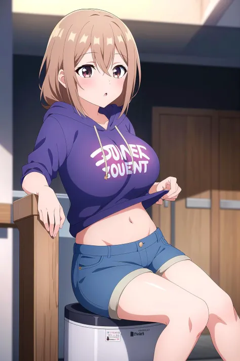 masterpiece, perfect lighting, (beautiful, best quality:1.3), perfect eyes, absurdres, 8k,
1girl, solo, (absurdres), finely detail,
<lora:Shiori Katase V1:0.6>, brown hair, brown eyes, large breasts, shiori_katase, dwarf,
streetwear, hoodie, jean shorts, navel,
