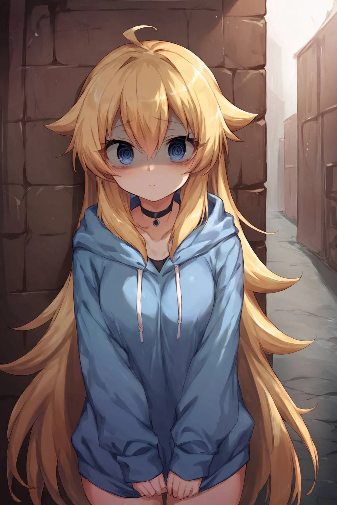 score_9, score_8_up, score_7_up,
(detailed eyes:1.3), Beautiful Lighting, (1girl:blue eyes, blonde hair, long hair, hair intakes, (hair between eyes:1.1)), (outdoors, alley:1.3), black choker, oversized hoodie,
<lora:sakuramu:1>, scared expression,