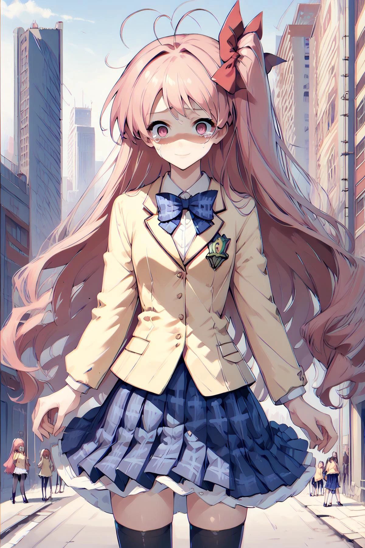 score_9, score_8_up, score_7_up, source_anime, best quality, masterpiece, uncensored, 1girl, scared expression, shaded face, sakihata rimi, pink hair, pink eyes, long hair looking at viewer, pink eyes, pinkiris, dark aura, animeliner, tears, city, tokyo, good hands, school uniform, hair ribbon, blazer, long sleeves, yellow jacket, smile, plaid skirt, , hair bow, blue skirt, black thighhighs, pleated skirt, zettai ryouiki, bow, antenna hair <lora:scaredv4-000009:1> <lora:chaoshead_sakihata_ponyXL-000008:1> <lora:Doll_Eyes_XL__Eye_Contacts:1> <lora:Dark_Aura_for_Pony:1> <lora:chromaticAberrationPDXL2_v3:1> <lora:Animeliner:1>