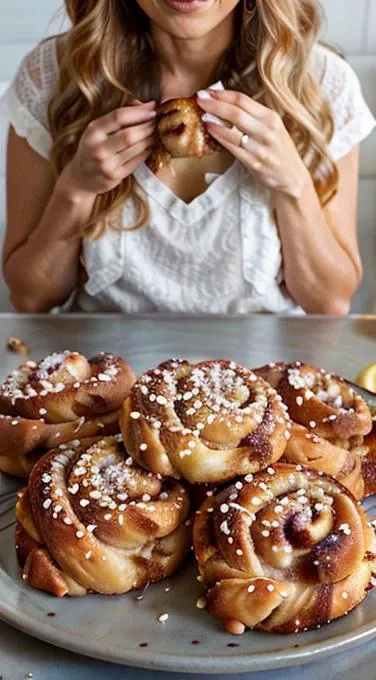 <lora:SwedishDesserts:1.0> woman eating, SwedishDesserts, CinnamonRoll, masterpiece,