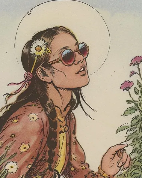 <lora:alfredbestall:1.1> bestall illustration, epic cinematic portrait of beautiful blonde hippy woman, with flowers in her hair, wearing round pink ozzy glasses, hair band, flower power 1969