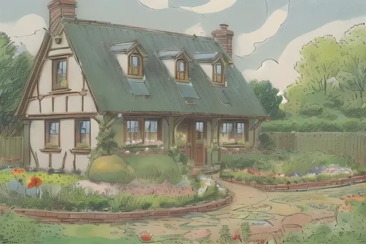 <lora:alfredbestall:1> bestall, a nice cozy house with a garden