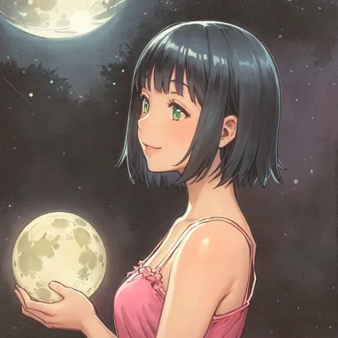 1girl, upper body, camisole, straight hair, short hair, night sky, detailed full moon, bestall, <lyco:alfredbestall:1.0>, seductive smile,