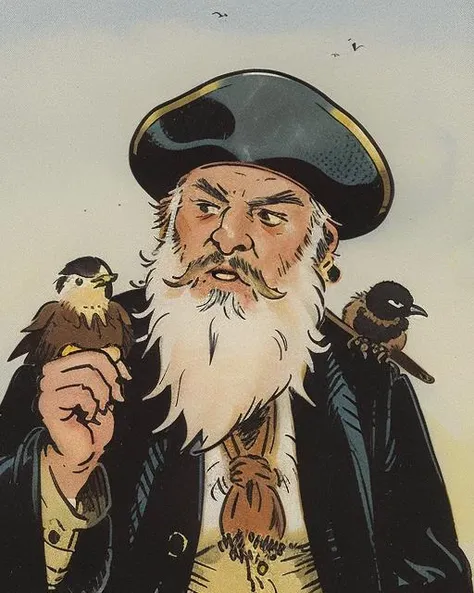 <lora:alfredbestall:1.1> bestall illustration, epic cinematic portrait of a grizzled pirate, with long (black beard) and gold earrings, wearing pirate hat, with (bird sitting on shoulder)