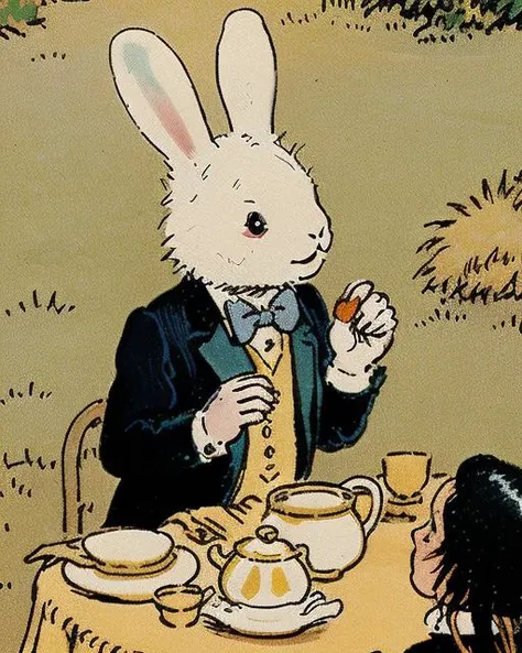 <lora:alfredbestall:1.1> bestall illustration,   a white rabbit with long bunny ears,  ,  wearing a pinstripe suit, (holding a gold pocketwatch), , sitting at a picnic table with a tea set, tea party