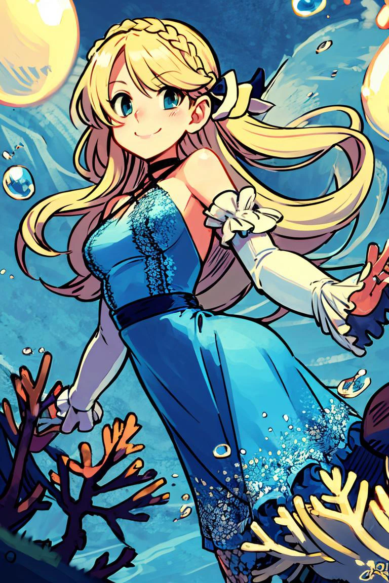 <lora:Alex_Ahad_Style:0.8>,centered, award winning photo, (looking at viewer:1.2), | | underwater, bubbles, coral reef, | bokeh, depth of field, cinematic composition, | <lora:Squirtle_Pokemon:0.8> 1girl, blue eyes, smile, very long hair, blonde hair, long blonde hair,( french braid:1.1), bangs, medium breasts, hair ribbon, frilled choker, criss-cross halter, (blue dress:1.1), sleeveless dress, high-waist skirt, backless dress, waist bow, black detached sleeves, frilled sleeves,