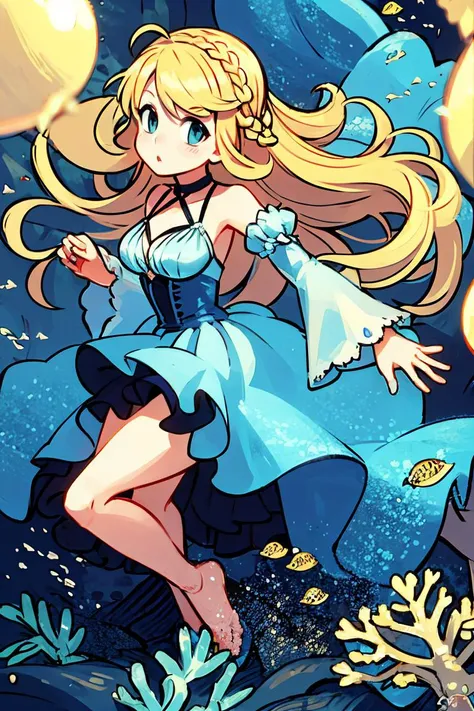 <lora:Alex_Ahad_Style:0.8>,centered, award winning photo, (looking at viewer:1.2), | | underwater, bubbles, coral reef, | bokeh, depth of field, cinematic composition, | <lora:Squirtle_Pokemon:0.8> 1girl, blue eyes, very long hair, blonde hair, long blonde hair,( french braid:1.1), bangs, medium breasts, hair ribbon, frilled choker, criss-cross halter, (blue dress:1.1), sleeveless dress, high-waist skirt, backless dress, waist bow, black detached sleeves, frilled sleeves,