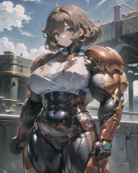 (masterpiece), (absurdres), (solo), (1girl), (muscular, muscular female, huge muscles, wide hips, thick thighs, thick arms:1.3), broad shoulders, fortified suit, utility belt, messy hair, medium hair, big hair, brown hair, blue eyes, looking at viewer, cowboy shot, smile, sky, flying,   <lora:BUFFv01-04:1>  <lora:FortifiedSuitV1:0.9>