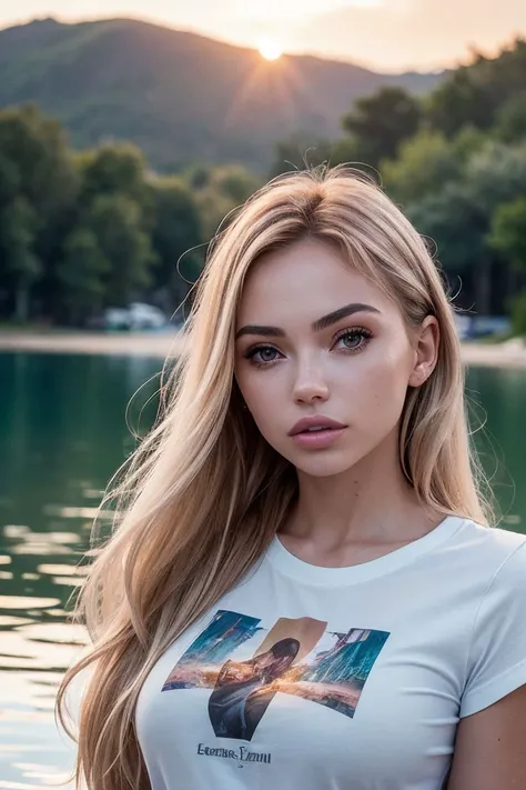 portrait of S227_PolinaKalashnikova,a beautiful woman,in a (lagoon:1.1),wearing a (t-shirt:1.1),(sunset:1.1),(8k, RAW photo, best quality, depth of field, ultra high res:1.1),(absurdres, intricate, photorealistic, masterpiece, ultra-detailed:1.2),