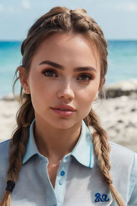 headshot of S227_PolinaKalashnikova,a stunning woman,on a (beach:1.1),wearing a (polo-shirt:1.1),(braid:1.1),(8k, RAW photo, best quality, depth of field, ultra high res:1.1),(absurdres, intricate, photorealistic, masterpiece, ultra-detailed:1.2),