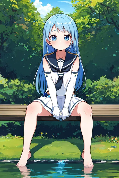 ((masterpiece)), (best quality), official art, extremely detailed CG, unity 8k wallpaper, ultra detailed, highly detailed, detailed background, vivid color,
1girl, samidarekc, blue hair, long hair, white serafuku, sleeveless, sailor collar,swept bangs, white skirt, black neckerchief, elbow gloves,black gloves, shirt collar, <lora:samidare:0.7>,
expressionless, , full body, sitting, , forest, stream, barefoot,