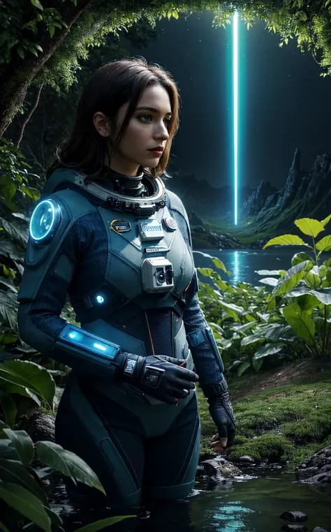 (masterpiece, wide angle, cinematic establishing shot, young adult european woman, highly detailed background:1.2),volumetric lighting,subsurface scattering,dynamic pose,(special effects, color grading, fantasy aura),(high quality:1.4),(best quality:1.4),(masterpiece:1.4),official art,official wallpaper,surreal,(detailed landscape:1.1),(whimsical atmosphere:1.1),(powerful energy:1.1),vibrant colors,(detailed:1.05),(extremely detailed:1.06),sharp focus,(intricate:1.03),cinematic lighting,(extremely intricate:1.04),(adorned:1.09), A woman astronaut explores a lush alien planet, surrounded by bioluminescent flora and floating rivers, her suit blending with the environment's vibrant hues.