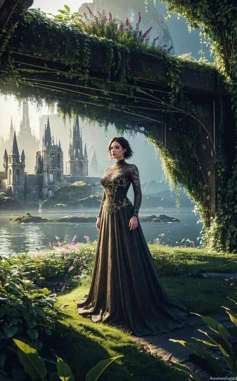 (masterpiece, wide angle, cinematic establishing shot, young adult european woman, highly detailed background:1.2),volumetric lighting,subsurface scattering,dynamic pose,(special effects, color grading, fantasy aura),(high quality:1.4),(best quality:1.4),(masterpiece:1.4),official art,official wallpaper,surreal,(detailed landscape:1.1),(whimsical atmosphere:1.1),(powerful energy:1.1),vibrant colors,(detailed:1.05),(extremely detailed:1.06),sharp focus,(intricate:1.03),cinematic lighting,(extremely intricate:1.04),(adorned:1.09), A woman in a futuristic utopia, where nature and technology are intertwined, practices botanical engineering, creating floating gardens and oxygen pods.