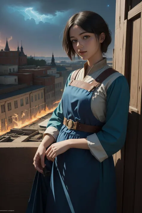 1girl, beautiful ceramic figurine, awardwinning woodcut technique, dark Chalk painting of a surreal, Indigo ("Domestication of fire by Humankind":1.3) , it is very Snug and Floating, traditional Soviet background, dense city and Universe in background, Thunderstorm, in focus, impressionism art, (designed by Jules Bastien-Lepage:1.2) , (Signe Vilstrup:1.3) , Cel shading, Manic, Modernism Art, Starlight, Circular polarizer, Desaturated, Luminism, deep red and Cyan details, extremely beautiful, octane engine