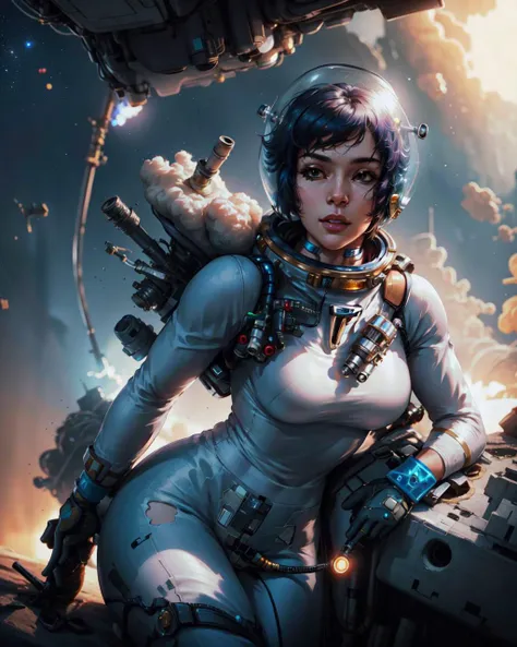 <lora:Astropunk:1>Astropunk woman in a space suit astronaut with a gun in hand, masterpiece, highres, photorealistic, best quality, perfect lighting, 8k, realistic, photo-realistic, ultra-detailed,