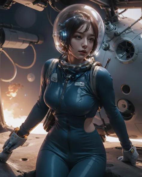 <lora:Astropunk:1>Astropunk woman in a space suit astronaut with a gun in hand, masterpiece, highres, photorealistic, best quality, perfect lighting, 8k, realistic, photo-realistic, ultra-detailed,