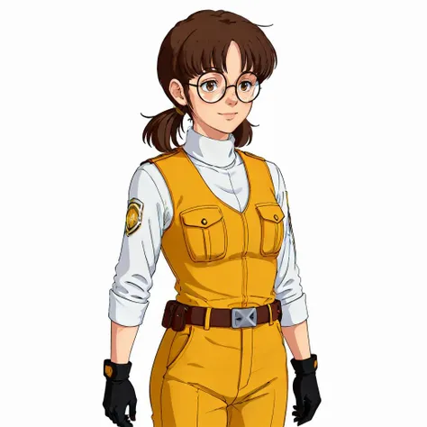 masterpiece,high quality,(white background:1.5),
<lora:millychilder001:0.5>,solo,smile,
milly_childer,1woman,
short hair,short twintails,low twintails,brown hair,parted bangs,brown eyes,glasses,round eyewear,freckles,
uniform,white shirt,turtleneck,yellow vest,pocket,arms at sides,long sleeves,sleeves rolled up,black gloves,belt,belt buckle,pants,
upper body,