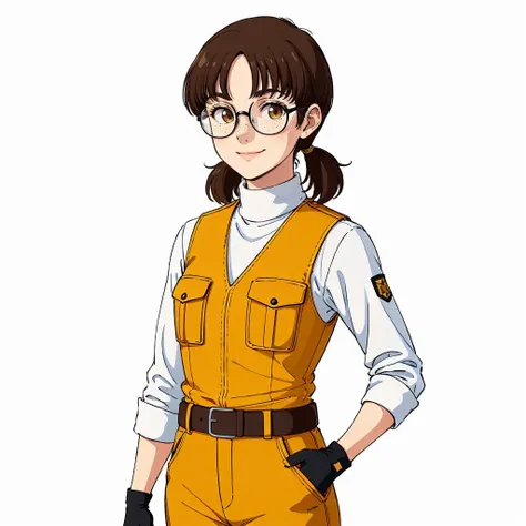 masterpiece,high quality,white background,solo,
<lora:millychilder003:0.5>,looking at viewer,smile,
millychilder,1woman,
short hair,short twintails,low twintails,brown hair,parted bangs,brown eyes,glasses,round eyewear,freckles,
uniform,white shirt,turtleneck,yellow vest,pocket,arms at sides,long sleeves,sleeves rolled up,
black gloves,
belt,belt buckle,pants,