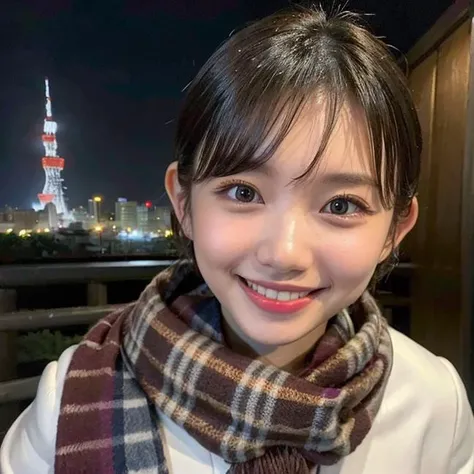 (8k, RAW photo, best quality, masterpiece:1.2), (realistic, photo-realistic:1.37),
Natural, ultra high res, Super Detail, Ultra Detailed,
Detailed Skin, Sharp Focus, bokeh, glossy texture, depth of field, shiny hair, shiny skin BREAK
1 girl, japanese, children, (15 yo:1.6), young, young girl, baby face, Smooth skin, Without Makeup,
glowing eyes BREAK
<lora:tanakahitomi_lora:0.7>, ((tanakahitomi, short hair, winter coat, scarf):1.3), (brown hair:1.5), (medium breasts:1.4), (upper body:1.7), (looking at viewer:1.2), (big smile:1.5), ((Tokyo cityscape, Tokyo Tower, snowfall):1.5), ((day time, snowing):1.2), (perfect anatomy:1.2) BREAK
(leaning forward:1.4),
<lora:JapaneseDollLikeness_v15:0.3>, <lora:flat2:-0.5>, <lora:GoodHands-vanilla:0.8> BREAK