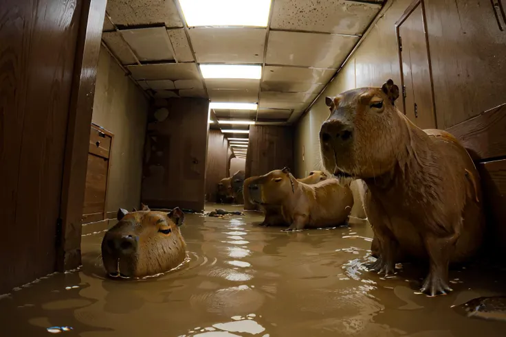 <lora:capi-09:1>(five big capybara in Backrooms:1.4),masterpiece,best quality, 8K, HDR, best quality, ultra-detailed, RAW photo,(wallpapered wall),Poorly lit room with a yellowish light,Mud, graffitied walls,<lora:Backrooms-15:0.8>capybara,doom