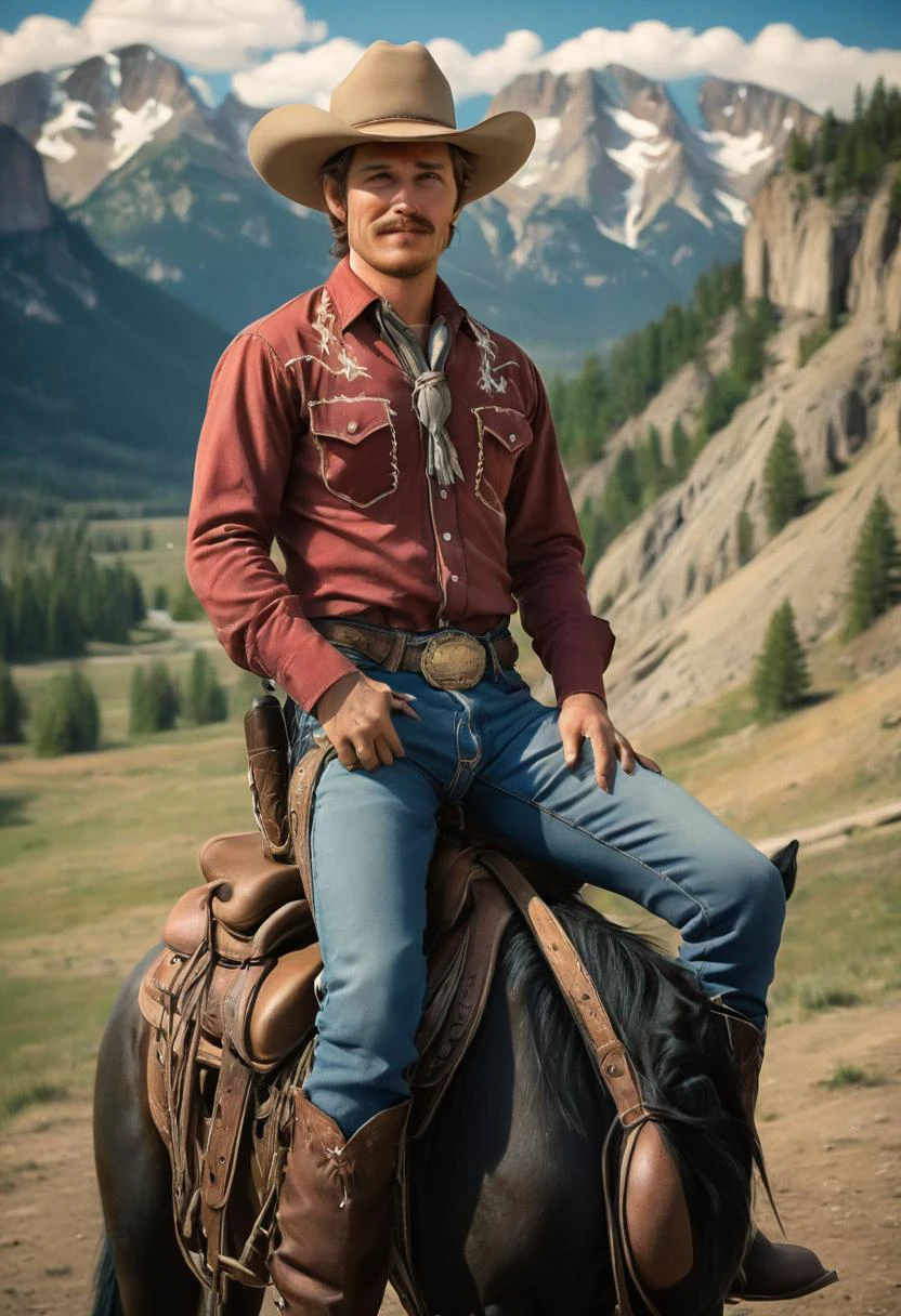 <lora:majikfone_xl:0.8> majikfone, 25yo girl handsome, courageous girl smiles sweetly seductively,
dressed in a North American cowboy costume, a cowboy hat, a neckerchief around his neck, jeans, cowboy boots,
(posing sitting straight in the saddle on a strong, powerful, black horse:1,5),
look at the viewer,
(against the backdrop of the foothills of the beautiful high rocky mountains of north america,
general plan wide shot:1,5),
cartoon illustration, vivid colours, Ultra detailed, high resolution, UHD, 8k, ((best quality, masterpiece:1.2), ultra-detailed, realistic, HDR, top view, cowboy shot, dramatic strong lighting,