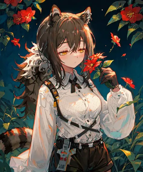 masterpiece, best quality, <lora:Robin768V1:0.7>, 1girl, robin \(arknights\), raccoon ears, raccoon girl, raccoon tail, animal hands, brown hair, hair between eyes, long hair, ponytail, yellow eyes, breasts, white collared shirt, polka dot shirt, cross tie, long sleeves, brown shorts, legwear under shorts, upper body, holding flower, red flower, closed eyes, close-up