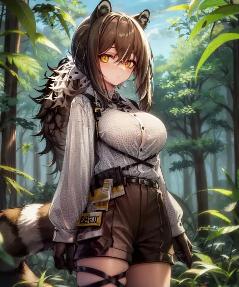 masterpiece, best quality, <lora:Robin768V1:0.7>, 1girl, robin \(arknights\), raccoon ears, raccoon girl, raccoon tail, brown hair, hair between eyes, long hair, ponytail, yellow eyes, breasts, white collared shirt, polka dot shirt, cross tie, long sleeves, brown short, legwear under shorts, forest, standing, looking at viewer