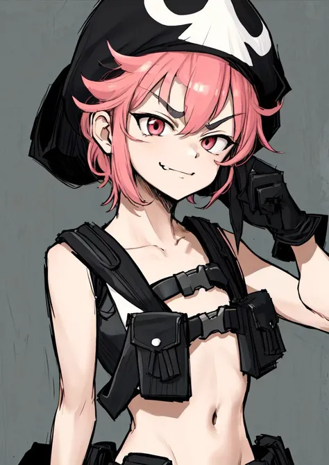 masterpiece, best quality, <lora:jakuzure_nonon-20:0.8>, (jakuzure nonon), (black soft hat), (holster), (black gloves),(utility belt),(shoulder holster), (hand up),(smug), (hand near face)
