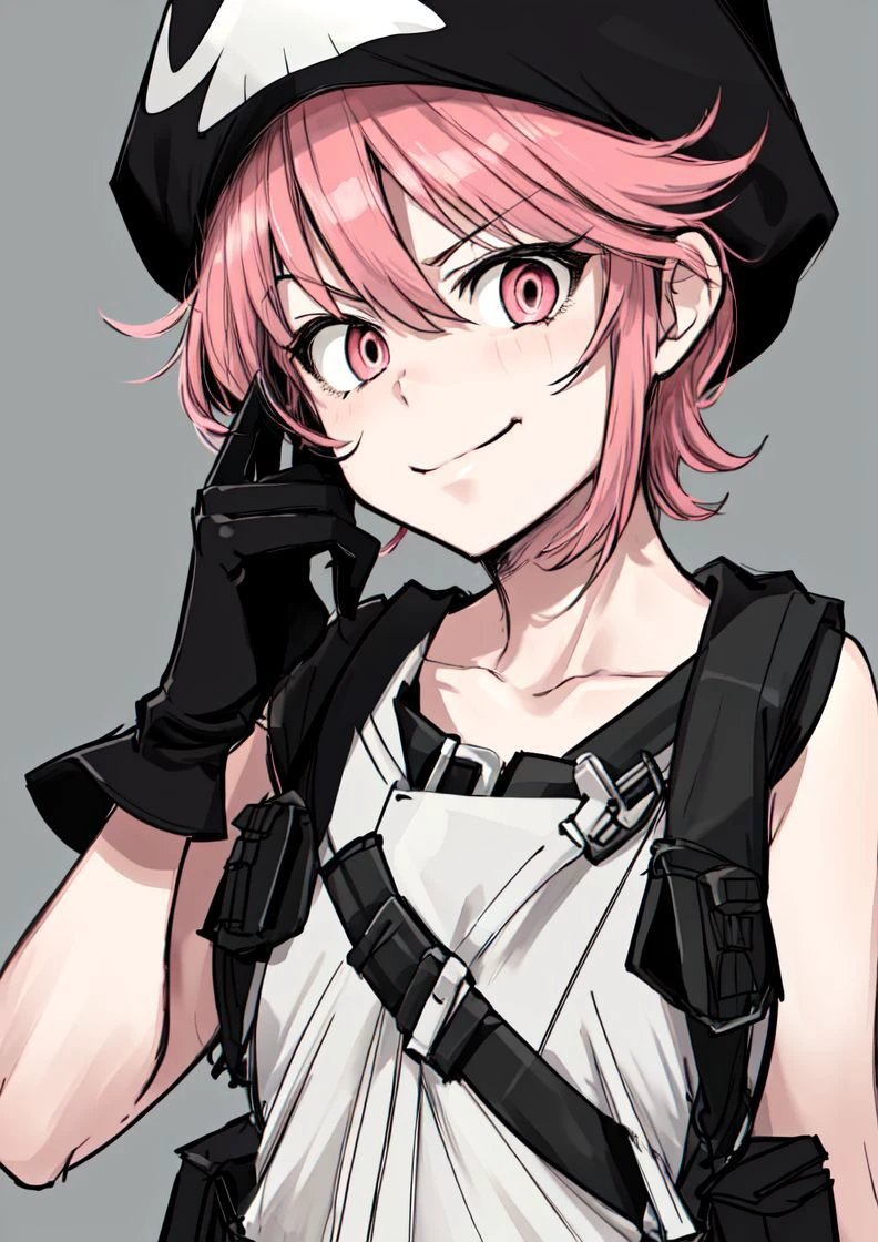 masterpiece, best quality, <lora:jakuzure_nonon-20:0.8>, (jakuzure nonon), (black soft hat), (holster), (black gloves),(utility belt),(shoulder holster), (hand up),(smug), (hand near face)